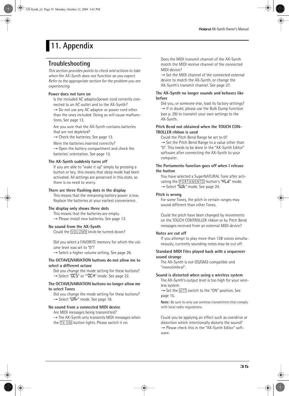 Appendix, Troubleshooting | Roland AX-Synth User Manual | Page 35 / 44