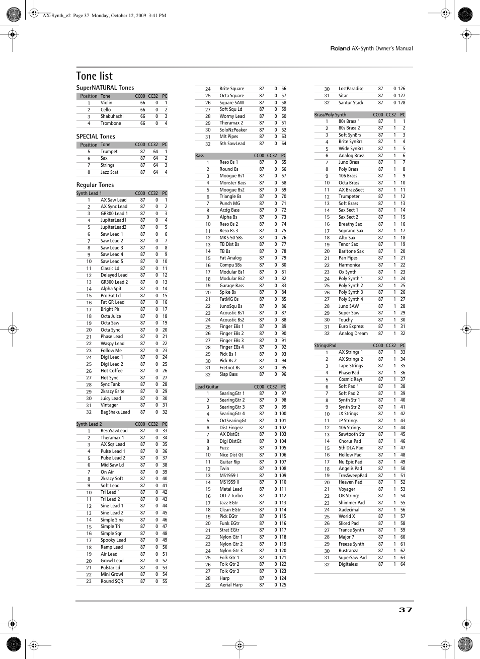 Tone list, English | Roland AX-Synth User Manual | Page 37 / 44