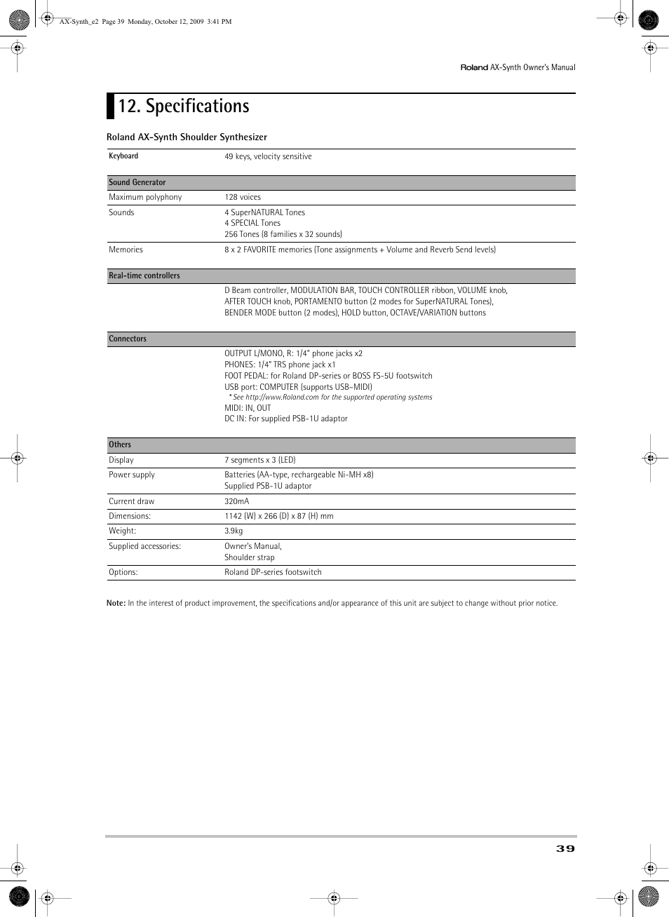 Specifications | Roland AX-Synth User Manual | Page 39 / 44