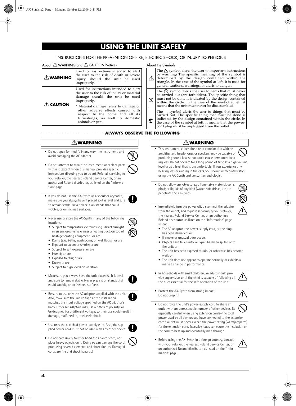 Using the unit safely | Roland AX-Synth User Manual | Page 4 / 44