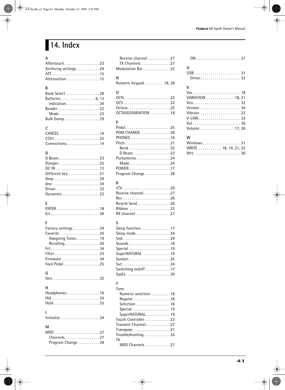 Index | Roland AX-Synth User Manual | Page 41 / 44
