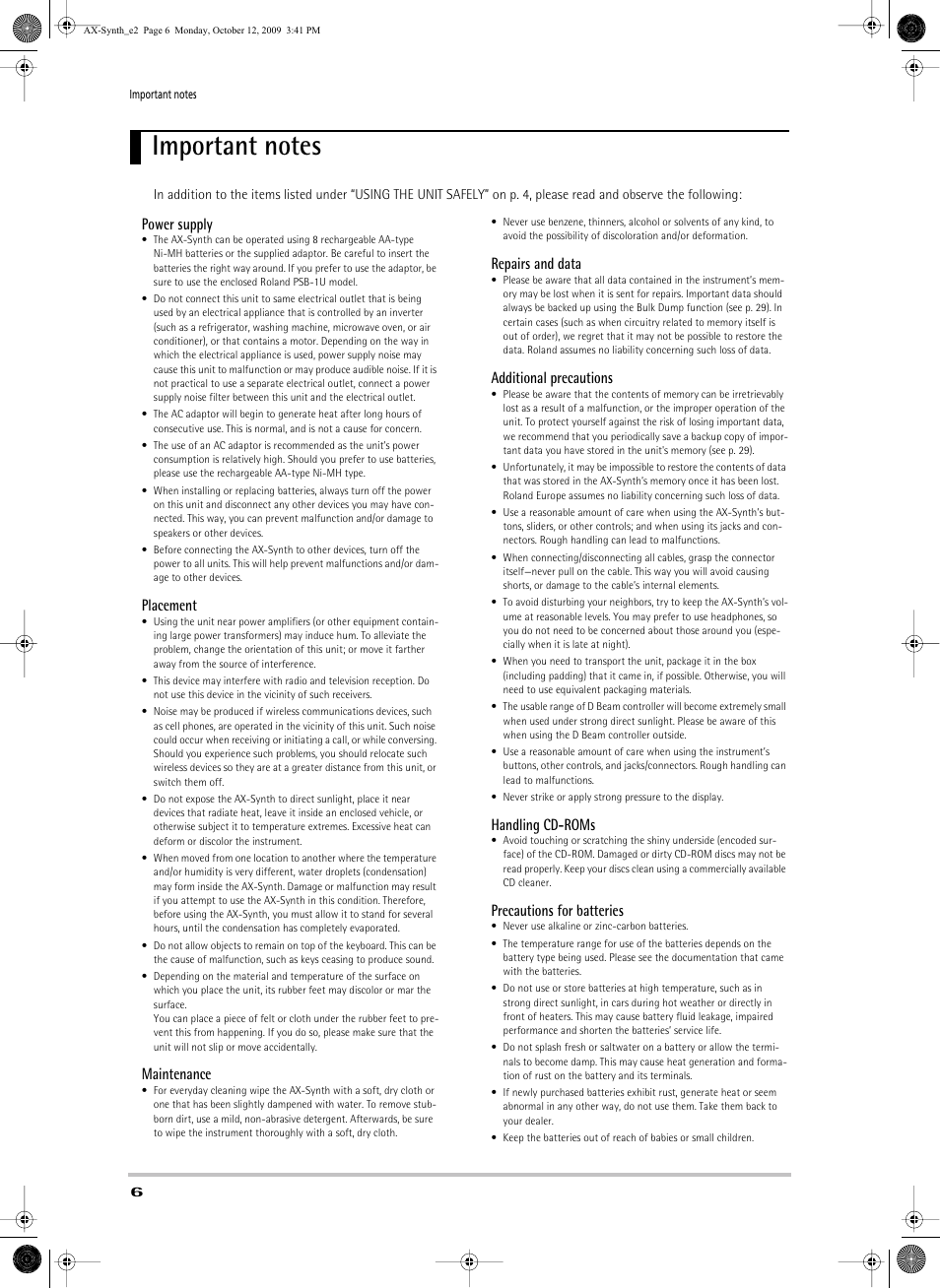 Important notes, Power supply, Placement | Maintenance, Repairs and data, Additional precautions, Handling cd-roms, Precautions for batteries | Roland AX-Synth User Manual | Page 6 / 44