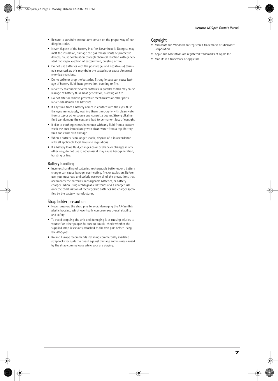 Battery handling, Strap holder precaution, Copyright | Roland AX-Synth User Manual | Page 7 / 44