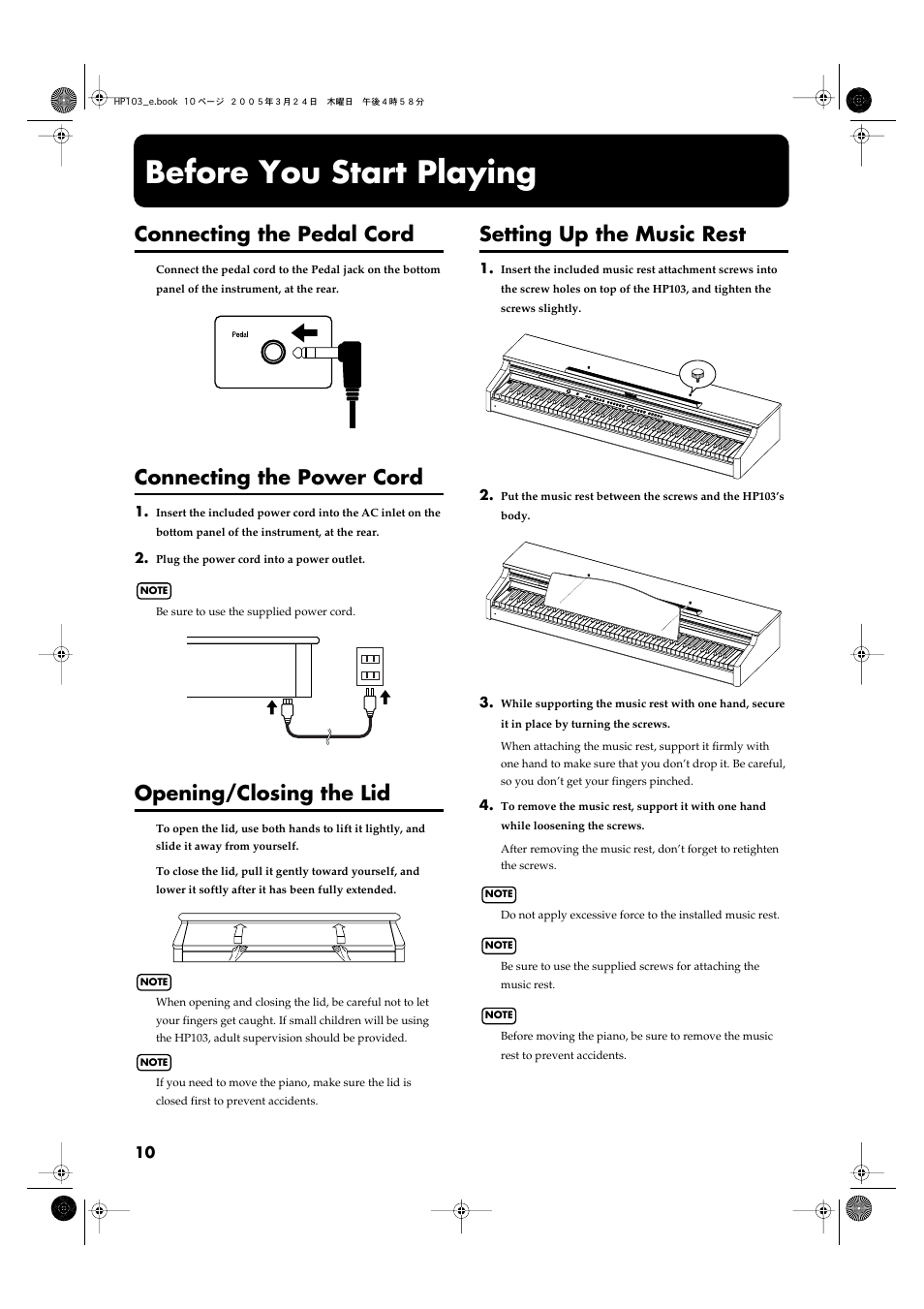 Before you start playing, Connecting the pedal cord, Connecting the power cord | Opening/closing the lid, Setting up the music rest, P. 10) | Roland HP103 User Manual | Page 10 / 56