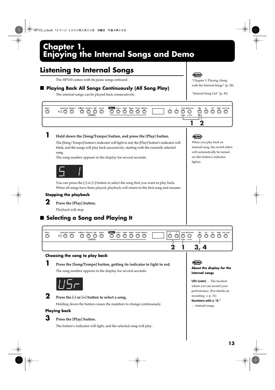 Chapter 1. enjoying the internal songs and demo, Listening to internal songs, Selecting a song and playing it | Chapter 1, Enjoying the internal songs and demo, Performances (p. 13, p. 28) | Roland HP103 User Manual | Page 13 / 56