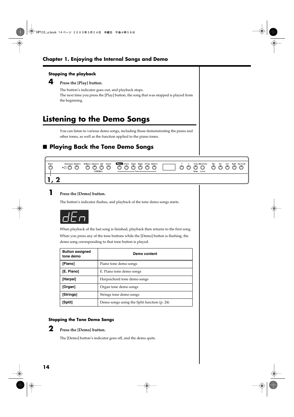 Listening to the demo songs, Playing back the tone demo songs, Well as a demo of the various functions (p. 14) | Roland HP103 User Manual | Page 14 / 56