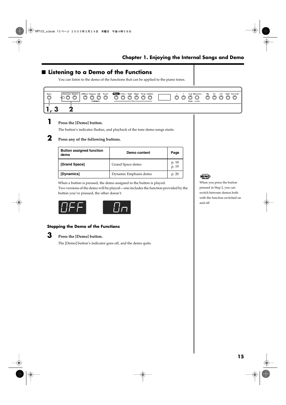 Listening to a demo of the functions | Roland HP103 User Manual | Page 15 / 56