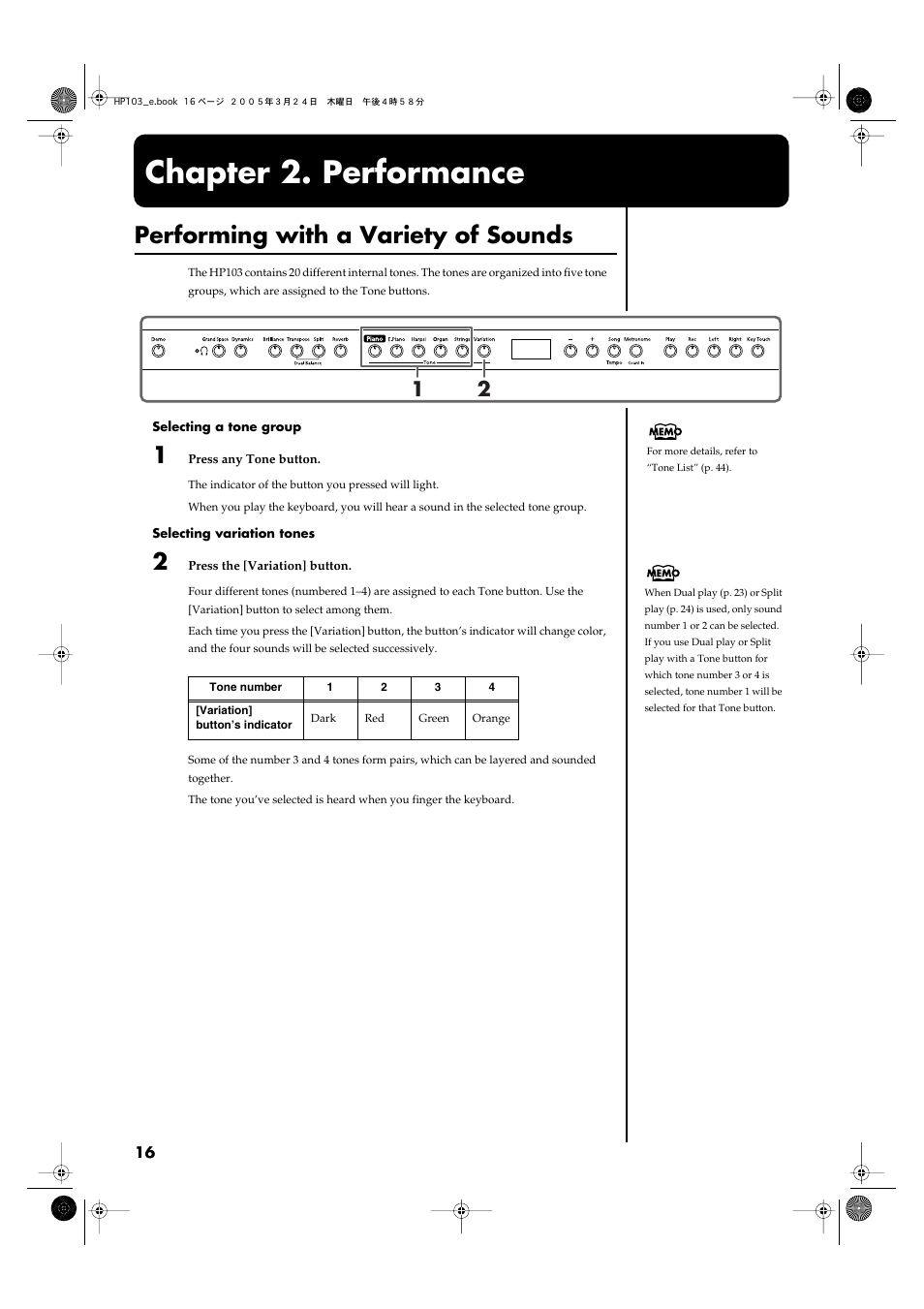 Chapter 2. performance, Performing with a variety of sounds, Played by the keyboard (p. 16) | Roland HP103 User Manual | Page 16 / 56