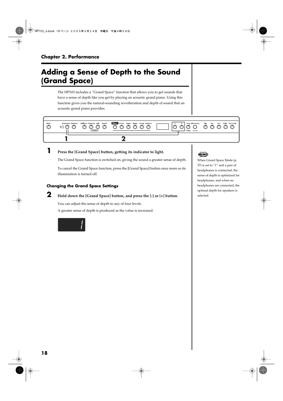 Adding a sense of depth to the sound (grand space), Adds a sense of depth to the sound (p. 18, p. 19) | Roland HP103 User Manual | Page 18 / 56