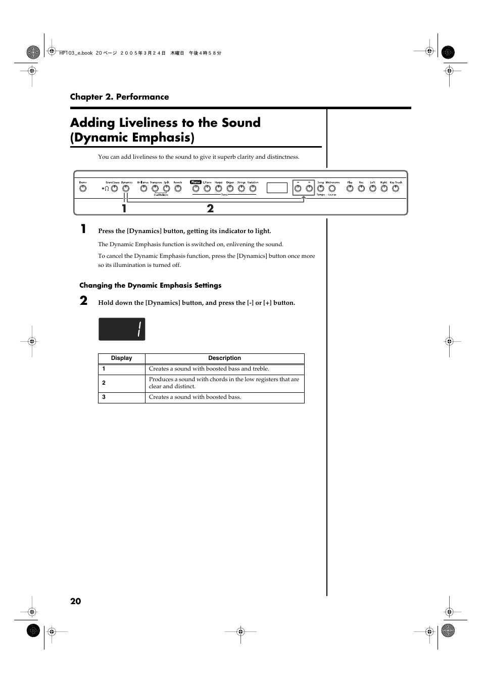 Adding liveliness to the sound (dynamic emphasis), Clarity and distinctness (p. 20) | Roland HP103 User Manual | Page 20 / 56