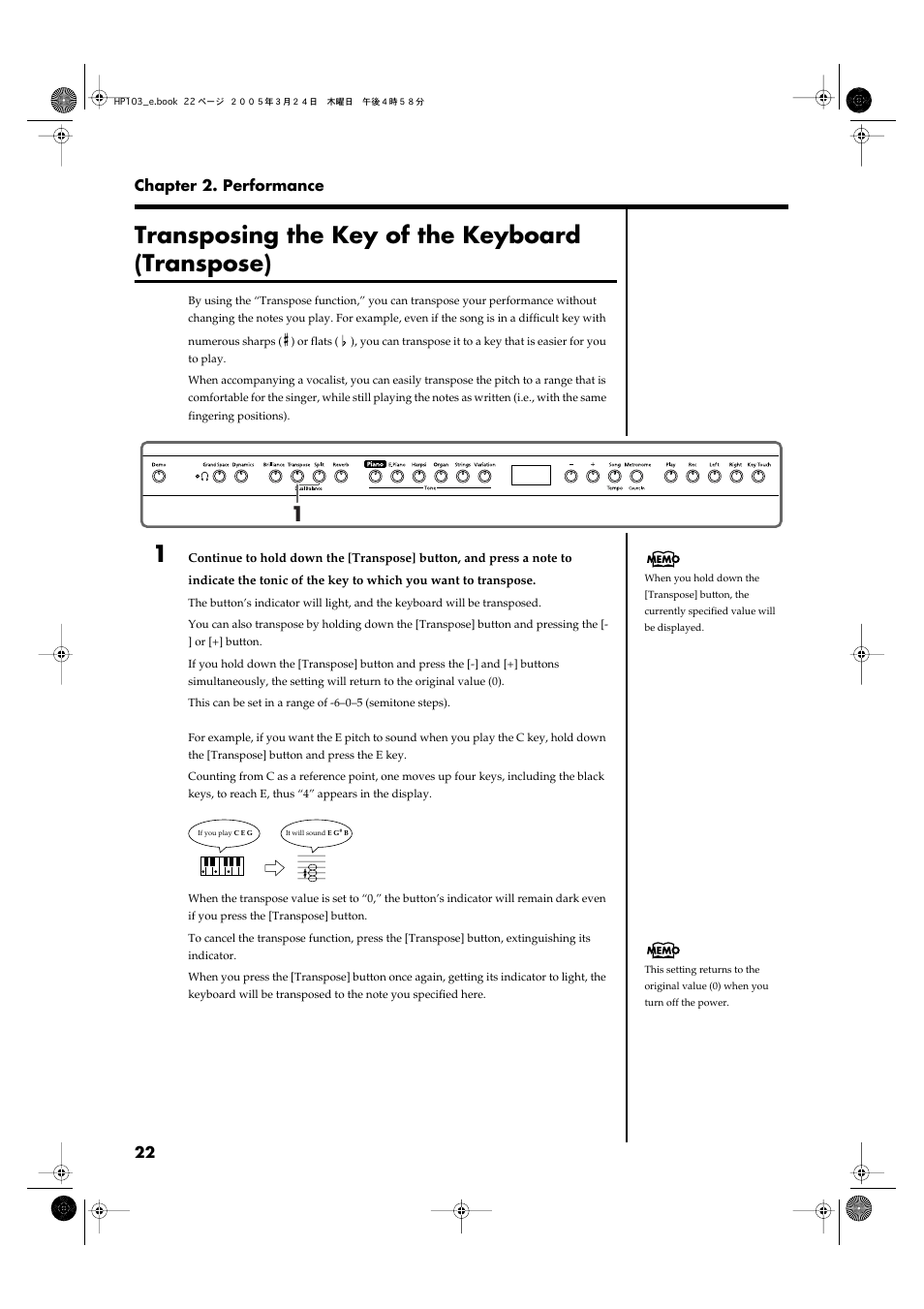 Transposing the key of the keyboard (transpose), Transposes the pitch of the keyboard (p. 22) | Roland HP103 User Manual | Page 22 / 56