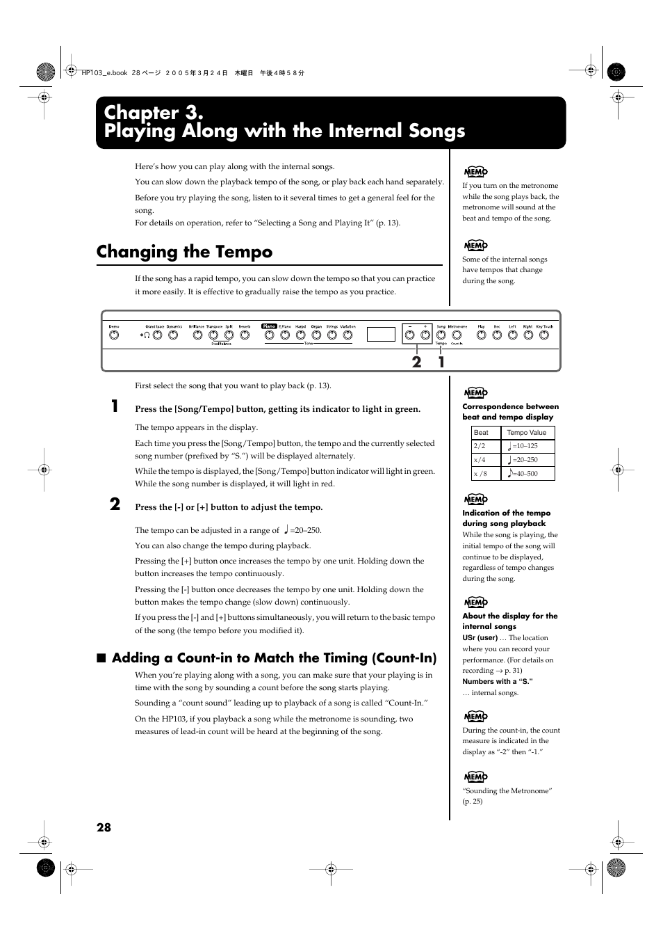 Chapter 3. playing along with the internal songs, Changing the tempo, Adding a count-in to match the timing (count-in) | Chapter 3, Playing along with the internal songs, Perfect timing (p. 28), Chapter 3. playing along, With the internal songs” (p. 28) | Roland HP103 User Manual | Page 28 / 56