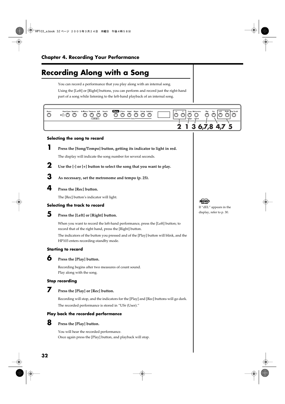 Recording along with a song, Recording along with a song” p. 32) | Roland HP103 User Manual | Page 32 / 56