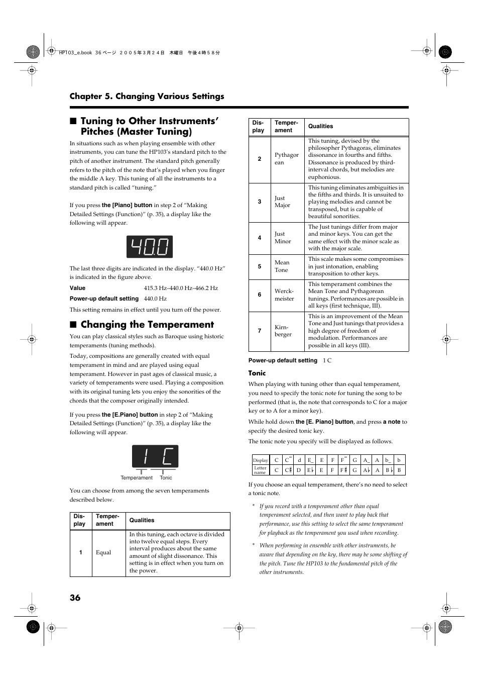 Changing the temperament, P. 36, 36 chapter 5. changing various settings | Roland HP103 User Manual | Page 36 / 56