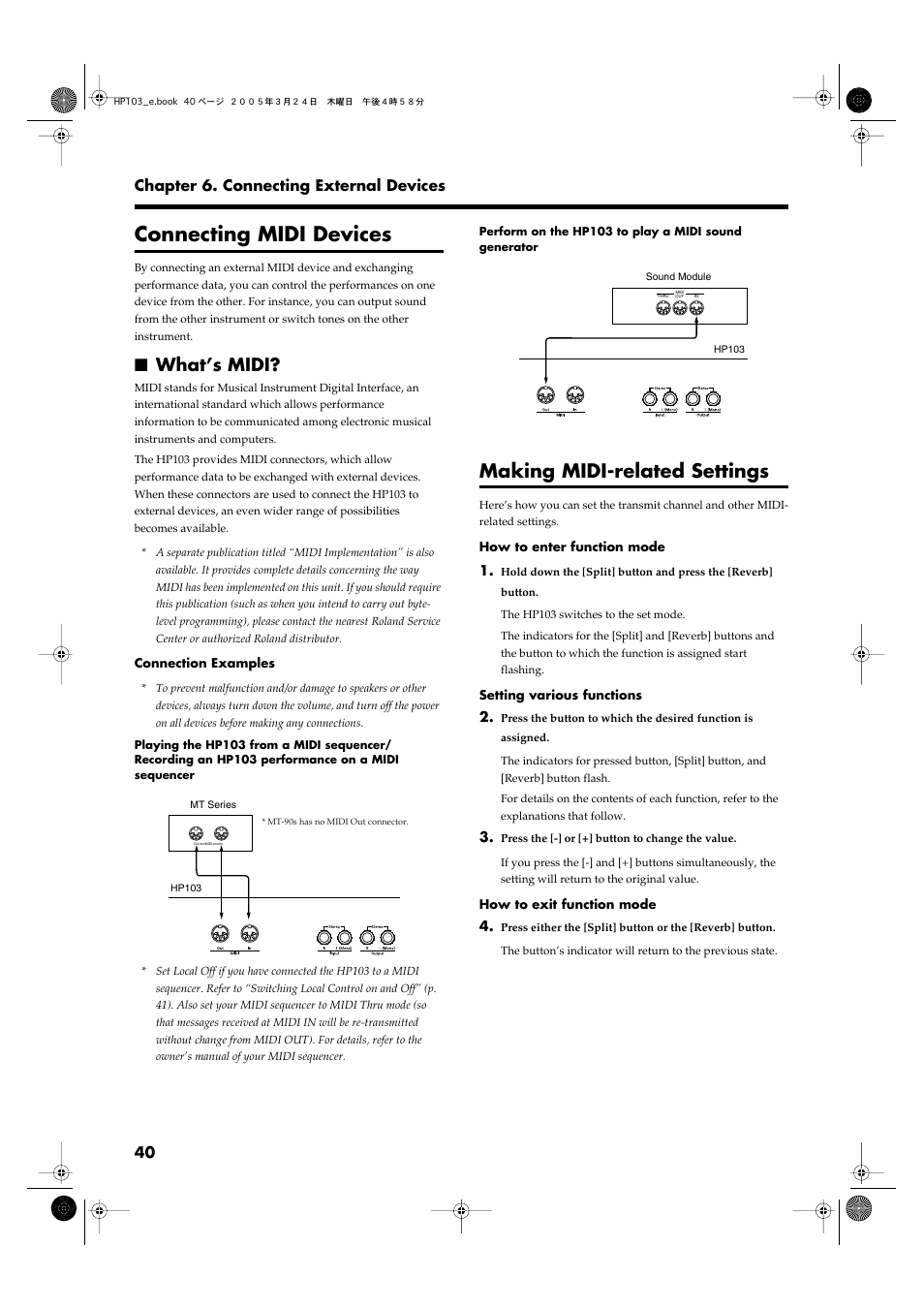 Connecting midi devices, What’s midi, Making midi-related settings | Performance data (p. 40), 40 chapter 6. connecting external devices | Roland HP103 User Manual | Page 40 / 56