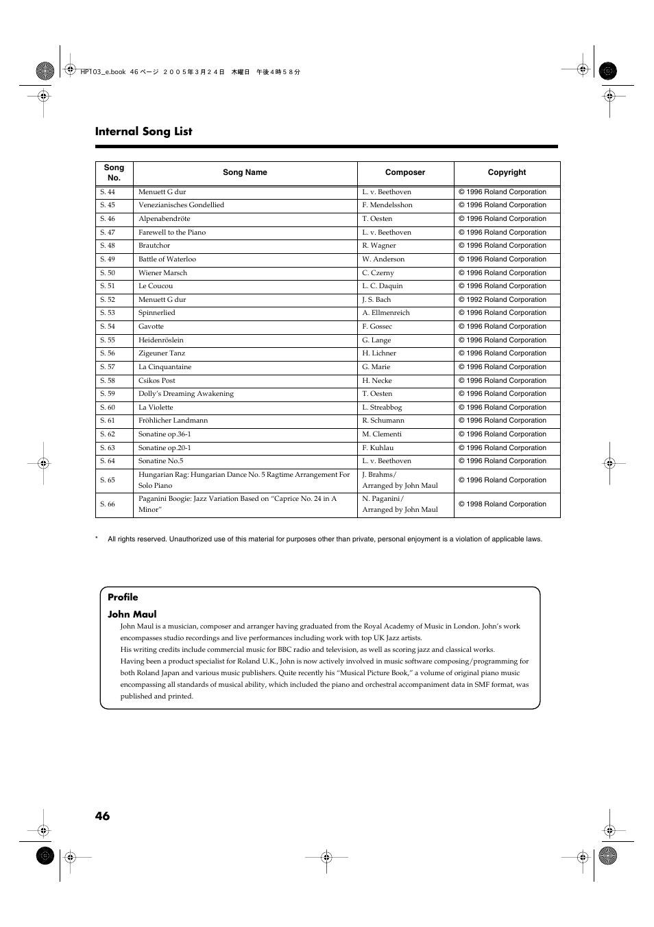 46 internal song list | Roland HP103 User Manual | Page 46 / 56