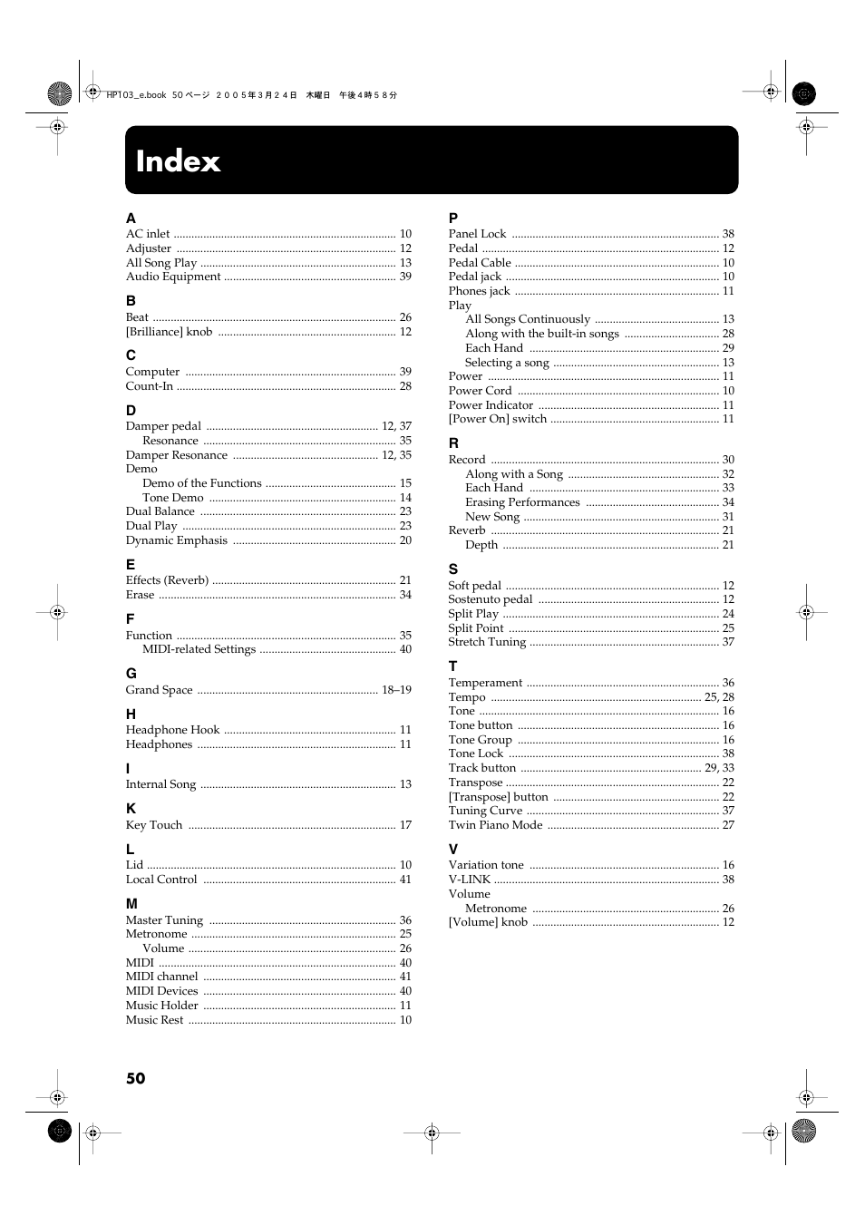 Index | Roland HP103 User Manual | Page 50 / 56