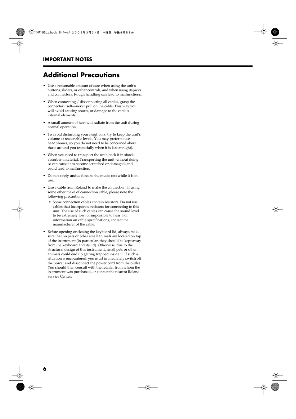 Additional precautions | Roland HP103 User Manual | Page 6 / 56