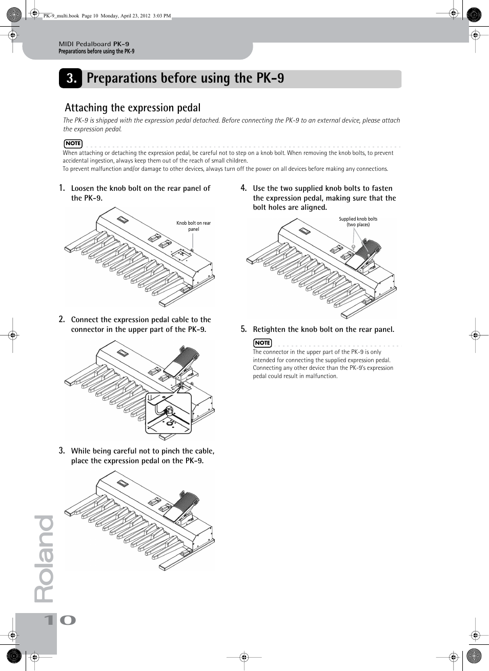 Preparations before using the pk-9, Attaching the expression pedal | Roland Bass Pedals PK-9 User Manual | Page 10 / 116