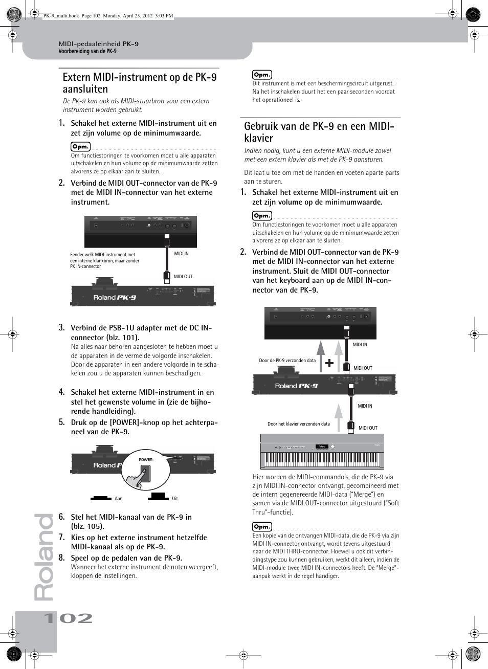 Extern midi-instrument op de pk-9 aansluiten, Gebruik van de pk-9 en een midi- klavier | Roland Bass Pedals PK-9 User Manual | Page 102 / 116