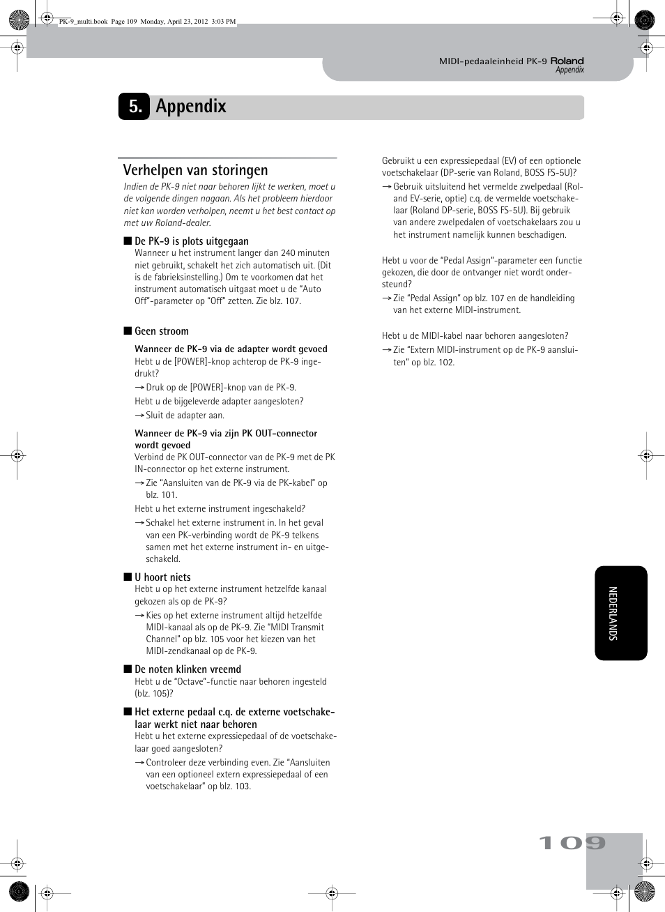 Appendix, Verhelpen van storingen | Roland Bass Pedals PK-9 User Manual | Page 109 / 116