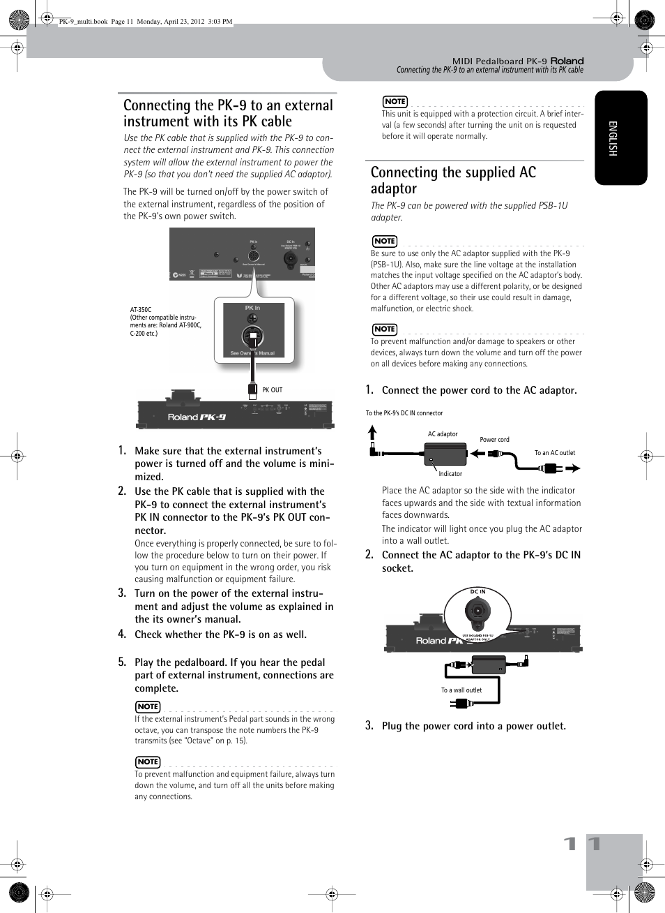 Connecting the supplied ac adaptor | Roland Bass Pedals PK-9 User Manual | Page 11 / 116