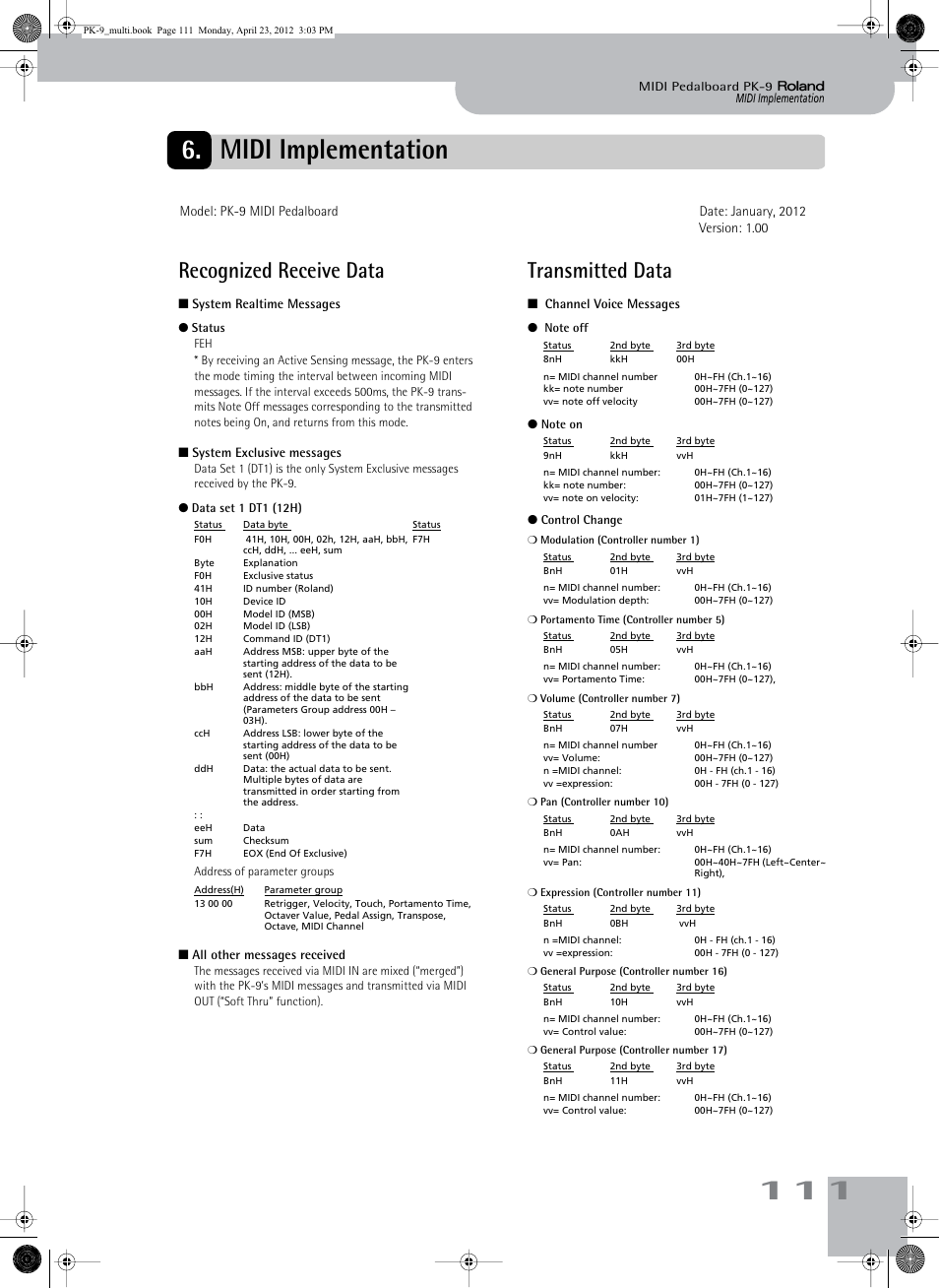 111 6. midi implementation, Recognized receive data, Transmitted data | Roland Bass Pedals PK-9 User Manual | Page 111 / 116