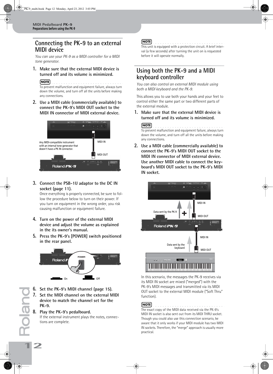 Connecting the pk-9 to an external midi device, Using both the pk-9 and a midi keyboard controller | Roland Bass Pedals PK-9 User Manual | Page 12 / 116