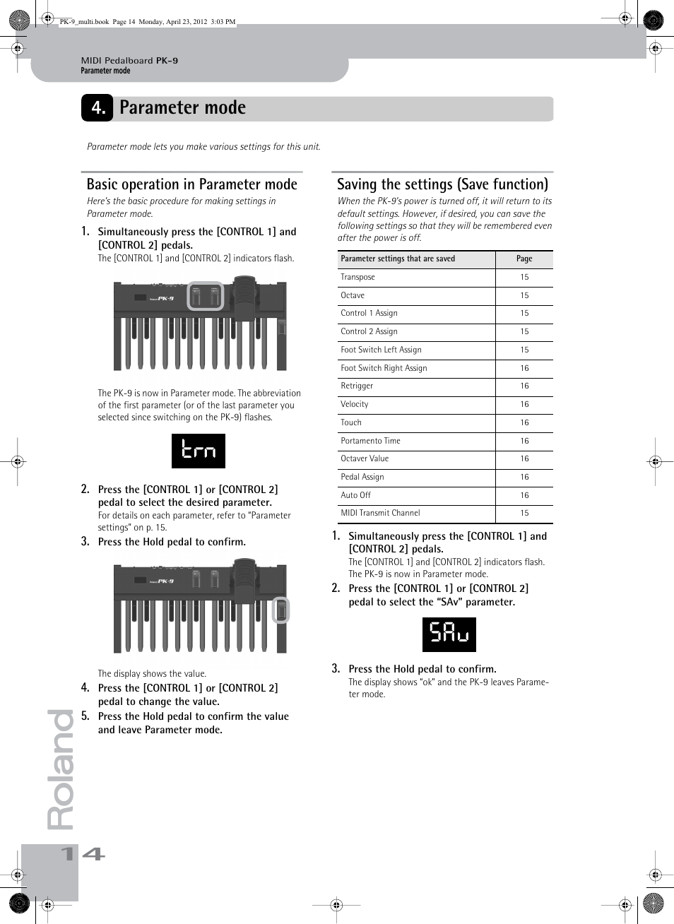 Parameter mode, Basic operation in parameter mode, Saving the settings (save function) | Roland Bass Pedals PK-9 User Manual | Page 14 / 116