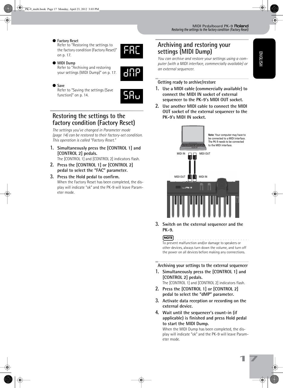 Fac dmp sav, Archiving and restoring your settings (midi dump) | Roland Bass Pedals PK-9 User Manual | Page 17 / 116