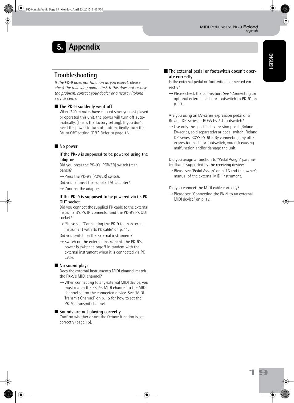 Appendix, Troubleshooting | Roland Bass Pedals PK-9 User Manual | Page 19 / 116