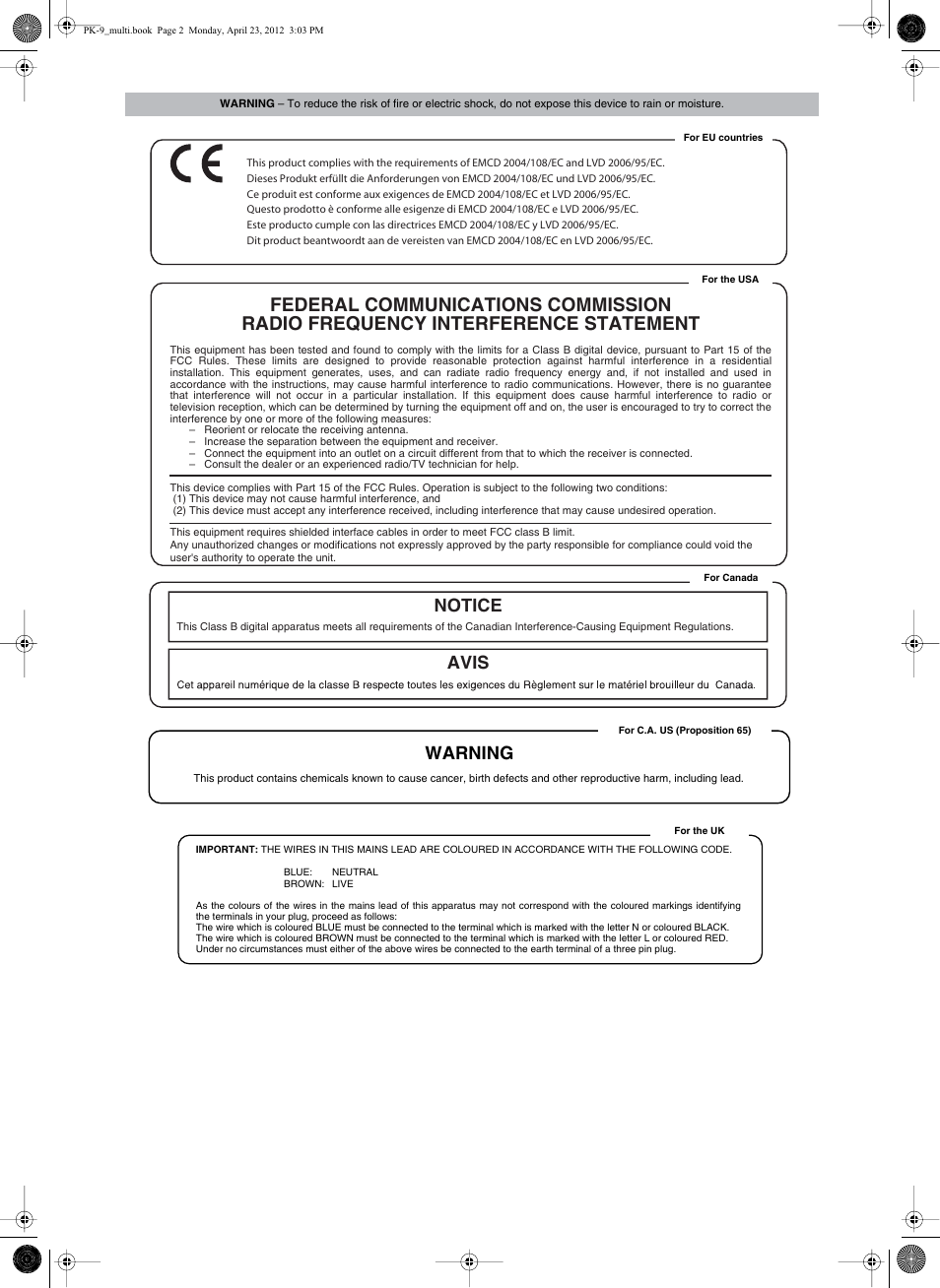 Notice avis, Warning | Roland Bass Pedals PK-9 User Manual | Page 2 / 116