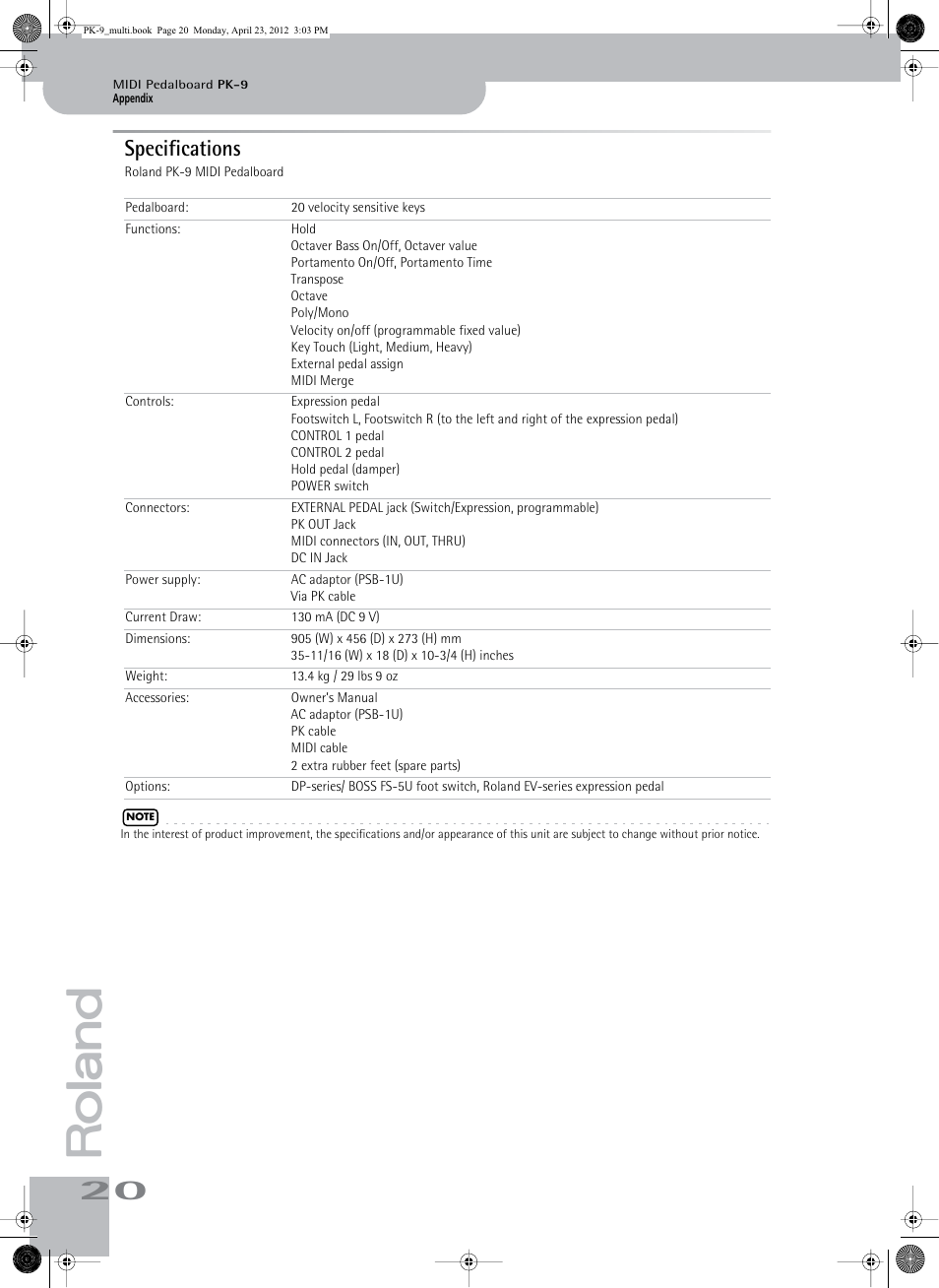 Specifications | Roland Bass Pedals PK-9 User Manual | Page 20 / 116