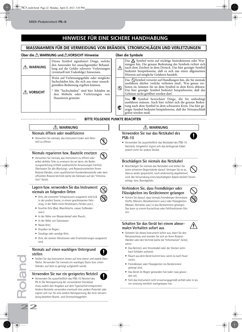 Hinweise für eine sichere handhabung | Roland Bass Pedals PK-9 User Manual | Page 22 / 116