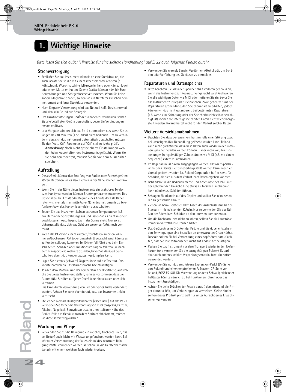 Wichtige hinweise | Roland Bass Pedals PK-9 User Manual | Page 24 / 116