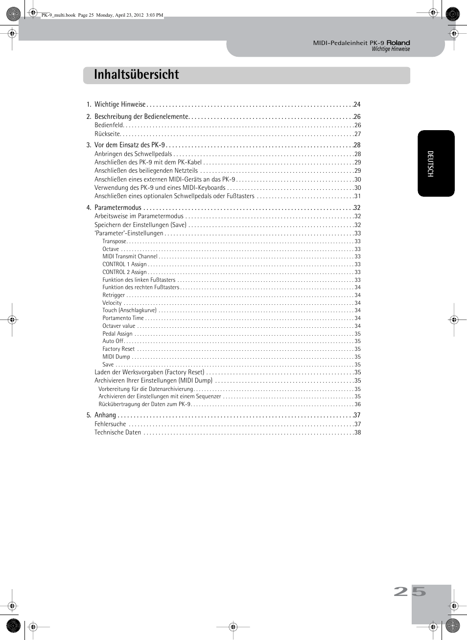 Inhaltsübersicht | Roland Bass Pedals PK-9 User Manual | Page 25 / 116