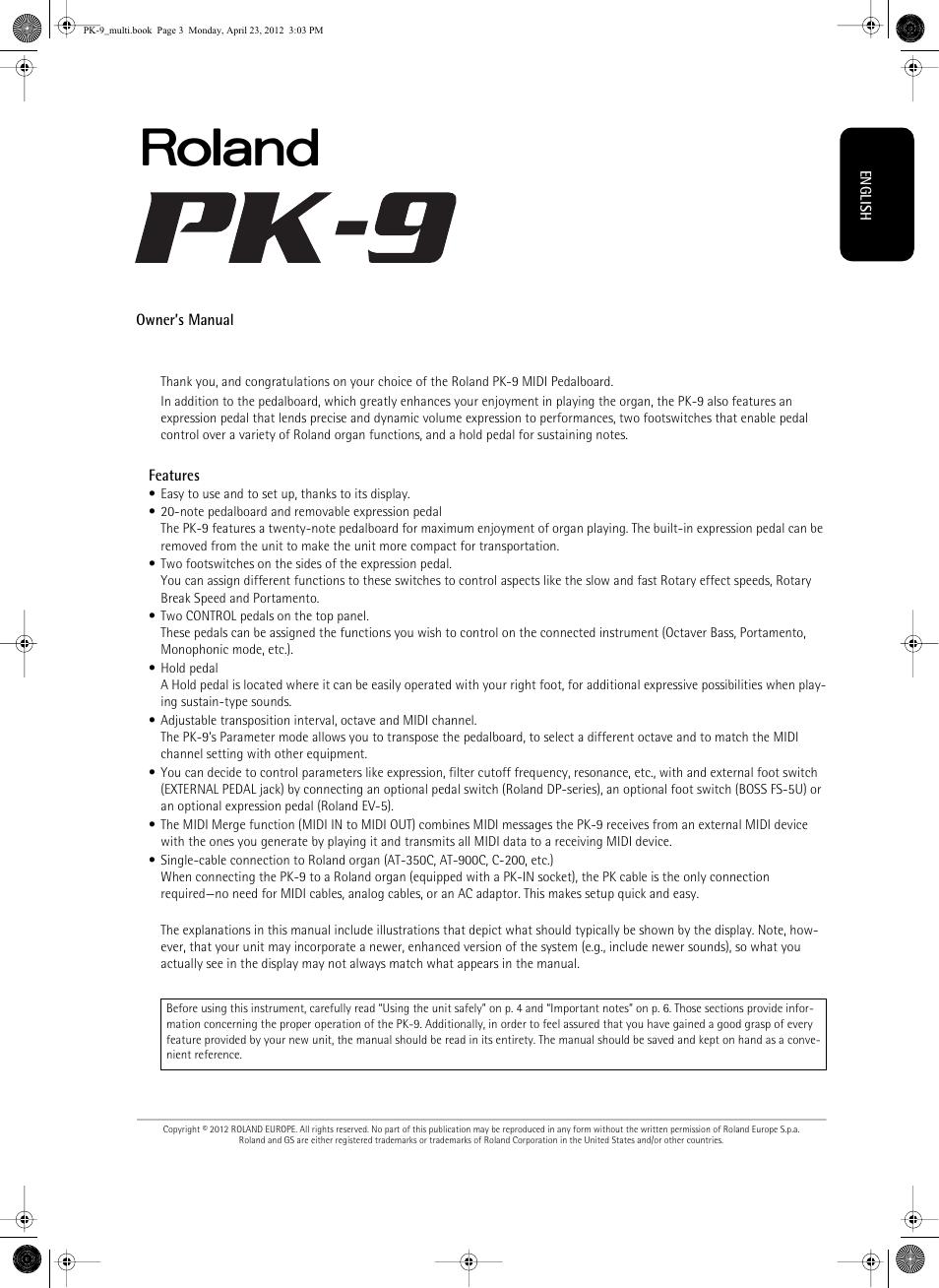 Owner’s manual | Roland Bass Pedals PK-9 User Manual | Page 3 / 116