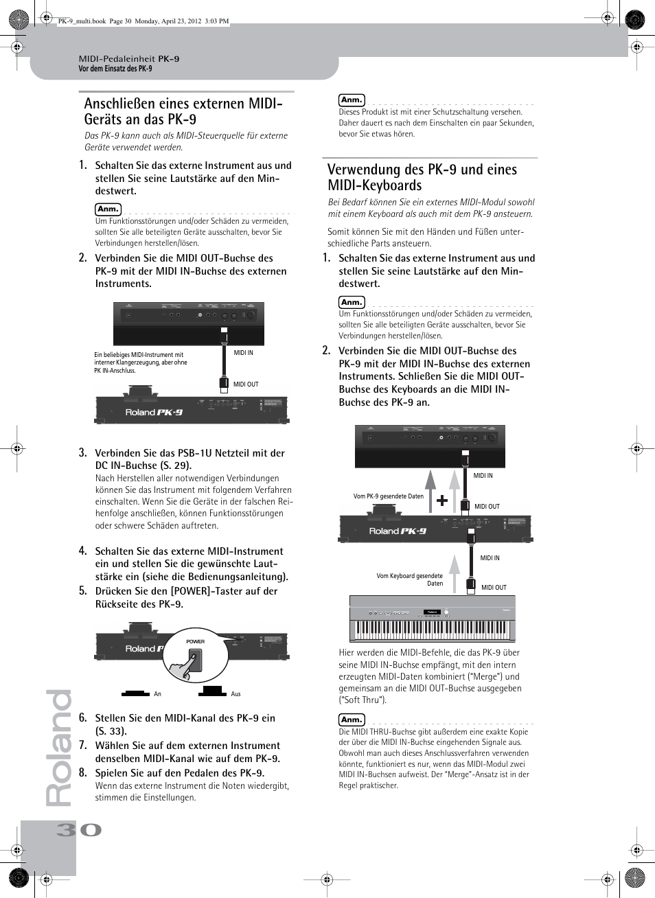 Verwendung des pk-9 und eines midi-keyboards | Roland Bass Pedals PK-9 User Manual | Page 30 / 116