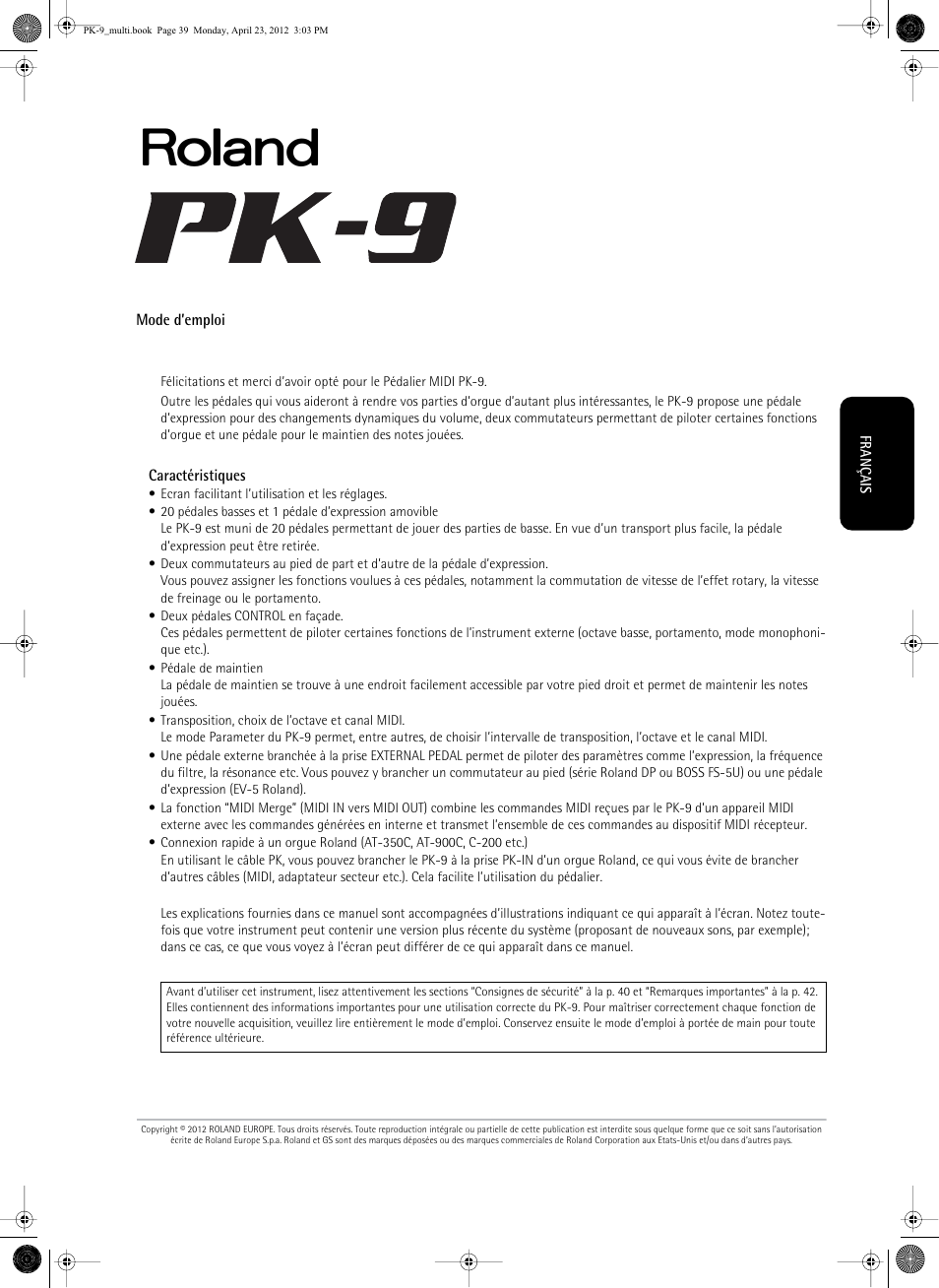 Mode d’emploi, Mode d’emploi • manuale di istruzioni | Roland Bass Pedals PK-9 User Manual | Page 39 / 116