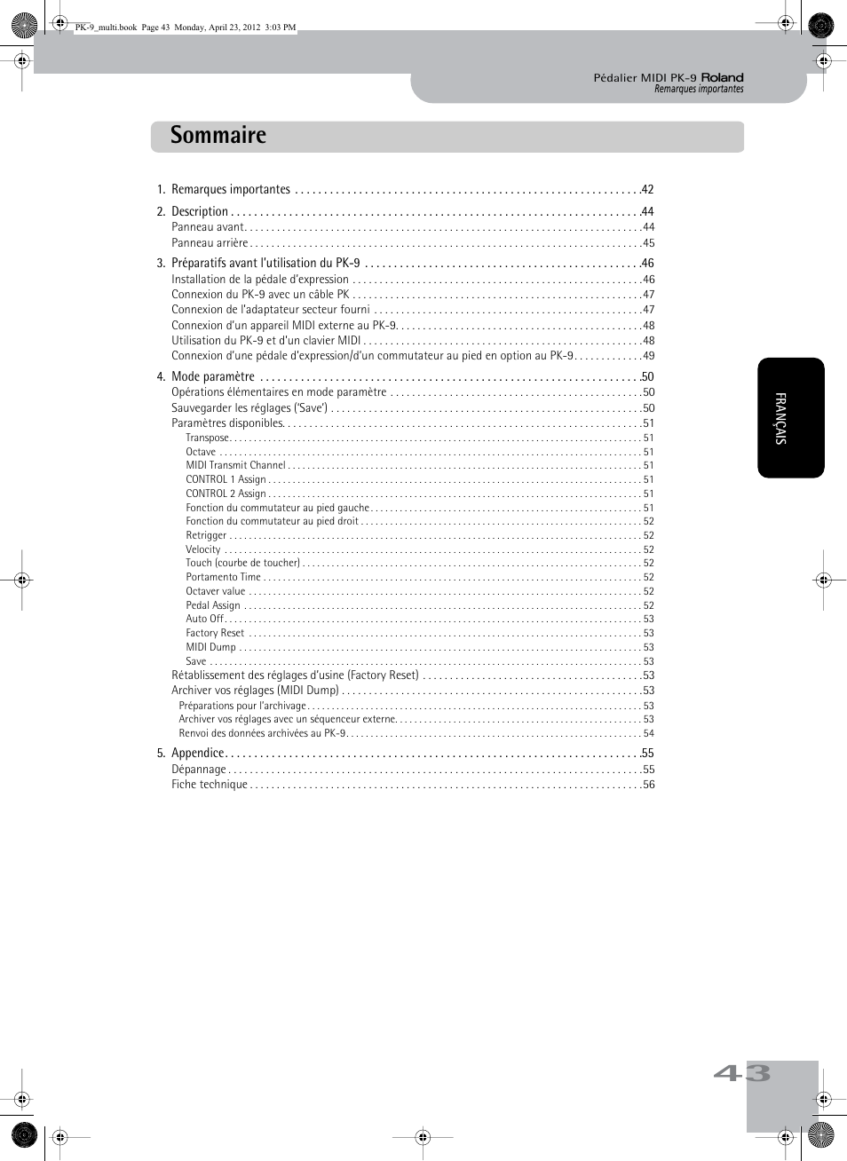 Sommaire | Roland Bass Pedals PK-9 User Manual | Page 43 / 116