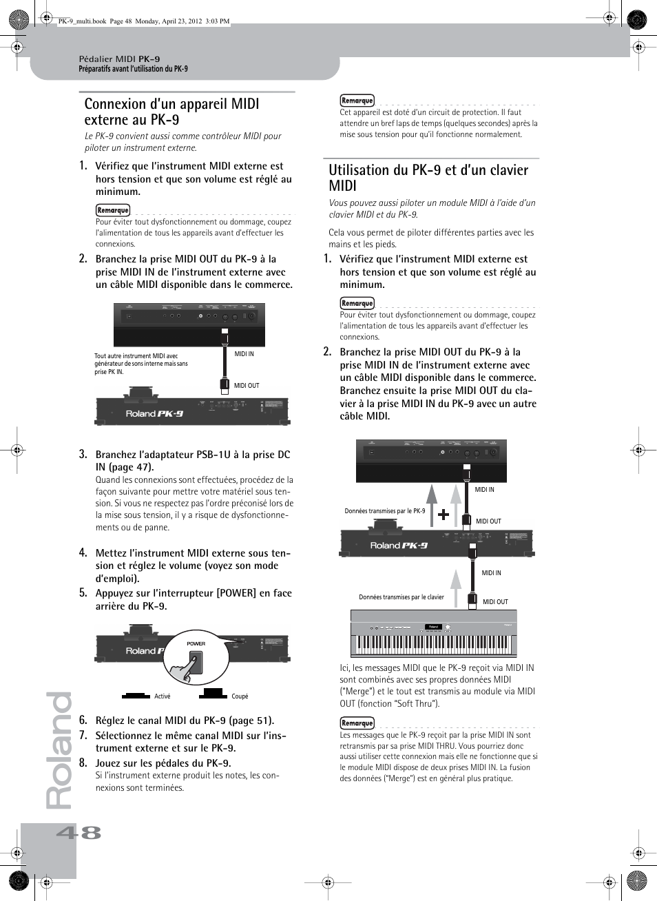 Connexion d’un appareil midi externe au pk-9, Utilisation du pk-9 et d’un clavier midi | Roland Bass Pedals PK-9 User Manual | Page 48 / 116