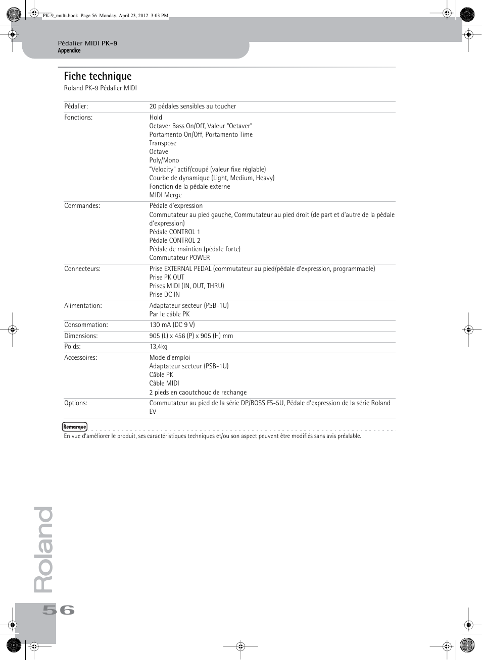 Fiche technique | Roland Bass Pedals PK-9 User Manual | Page 56 / 116