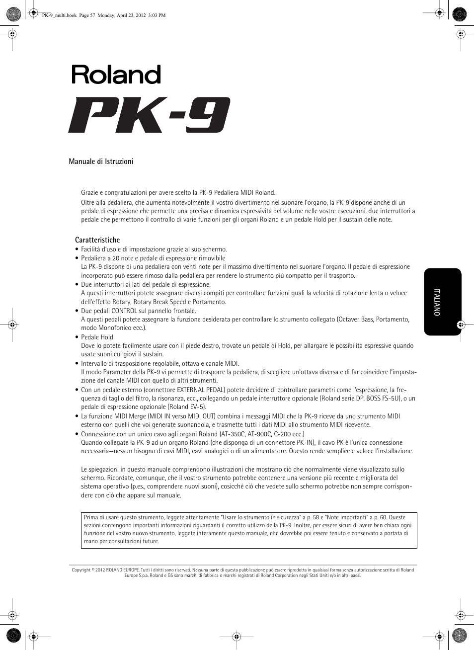 Manuale di istruzioni | Roland Bass Pedals PK-9 User Manual | Page 57 / 116