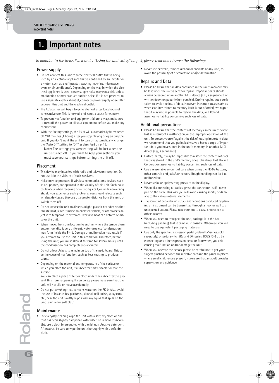 Roland Bass Pedals PK-9 User Manual | Page 6 / 116