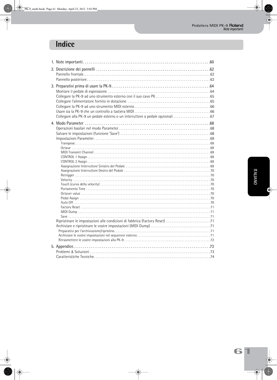 Indice | Roland Bass Pedals PK-9 User Manual | Page 61 / 116