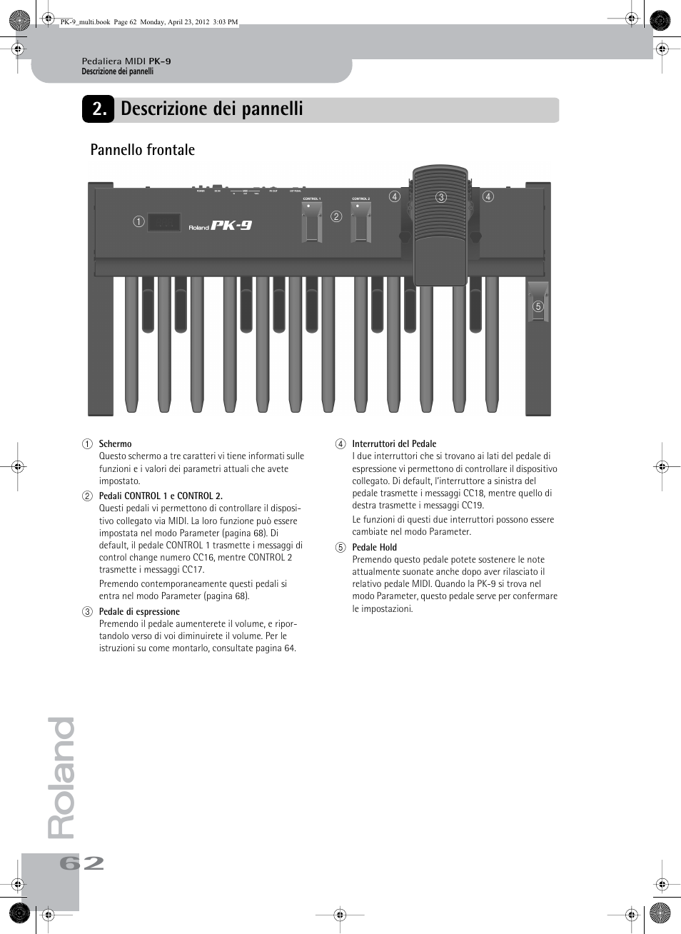 Descrizione dei pannelli, Pannello frontale | Roland Bass Pedals PK-9 User Manual | Page 62 / 116