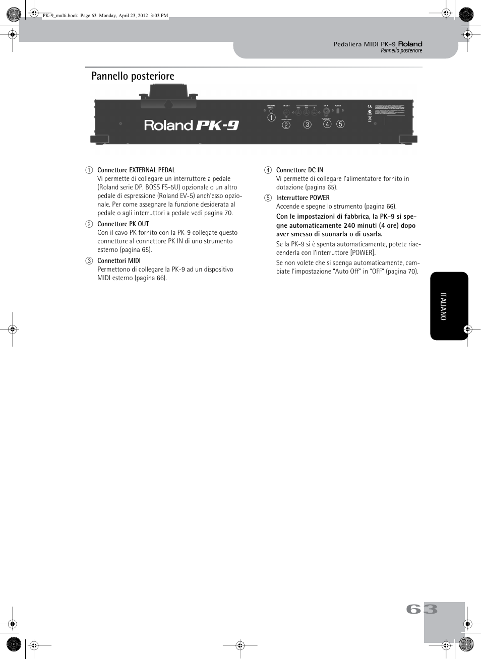 Pannello posteriore | Roland Bass Pedals PK-9 User Manual | Page 63 / 116