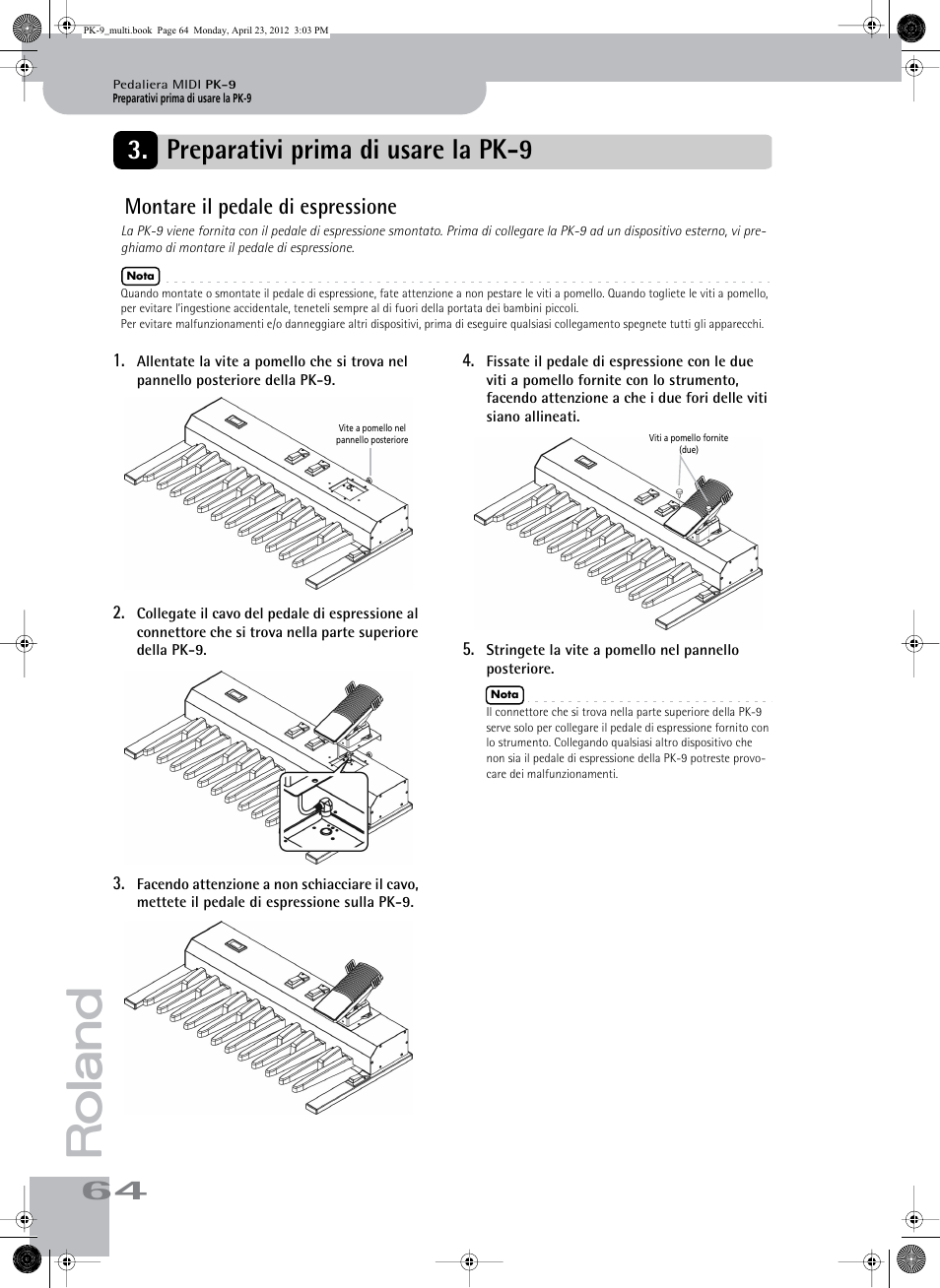 Preparativi prima di usare la pk-9, Montare il pedale di espressione | Roland Bass Pedals PK-9 User Manual | Page 64 / 116