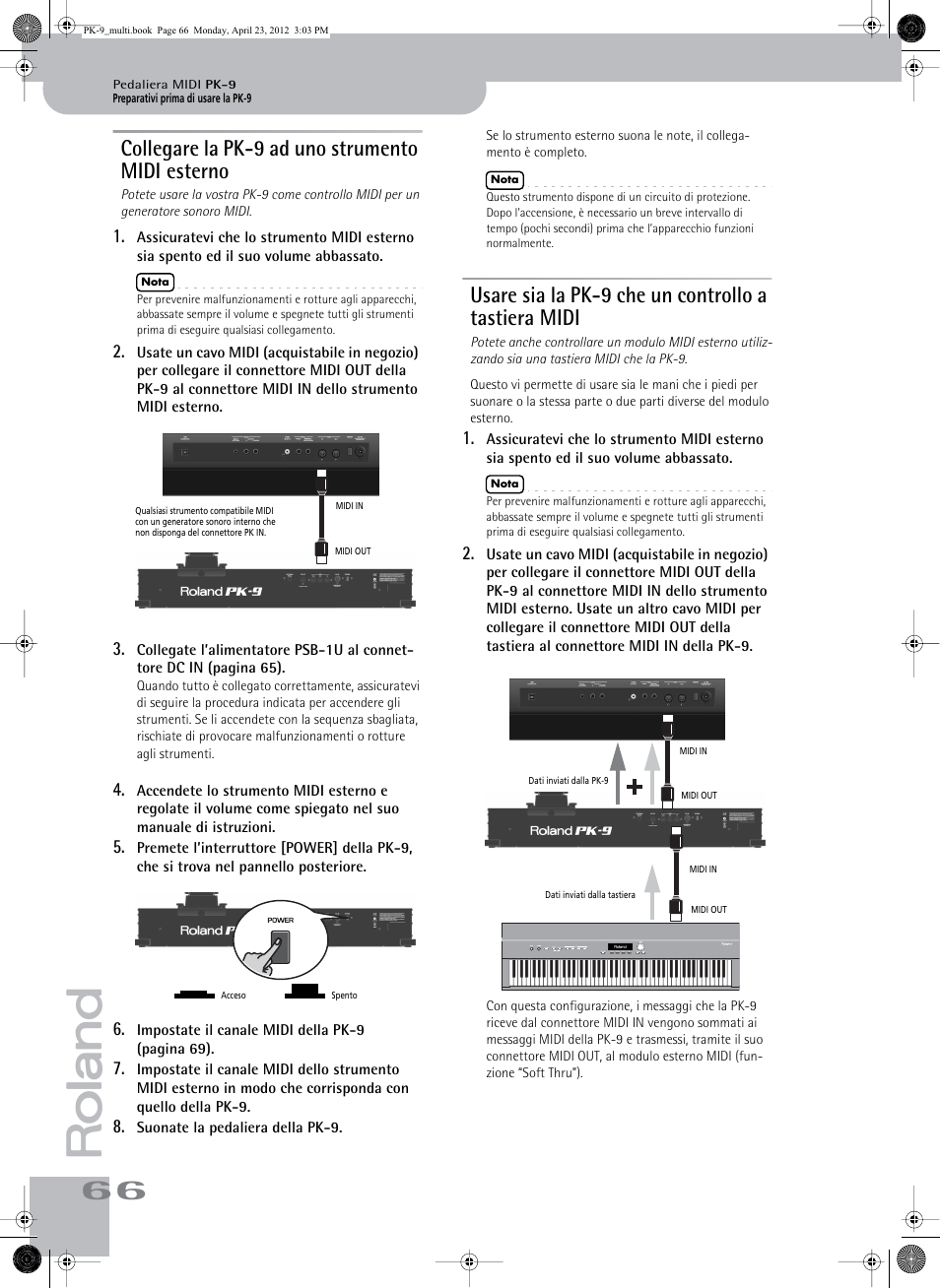 Collegare la pk-9 ad uno strumento midi esterno, Usare sia la pk-9 che un controllo a tastiera midi | Roland Bass Pedals PK-9 User Manual | Page 66 / 116
