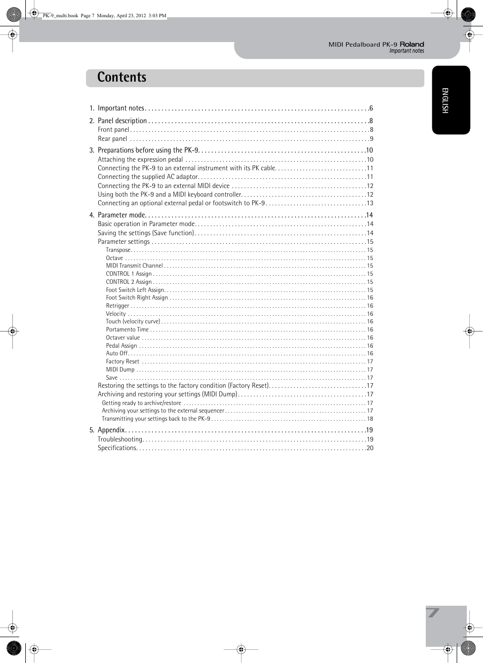 Roland Bass Pedals PK-9 User Manual | Page 7 / 116